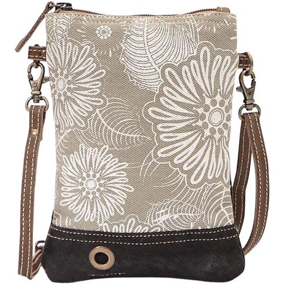 Women’s Leafy Upcycled Canvas Leather Crossbody Bag Small Stylish